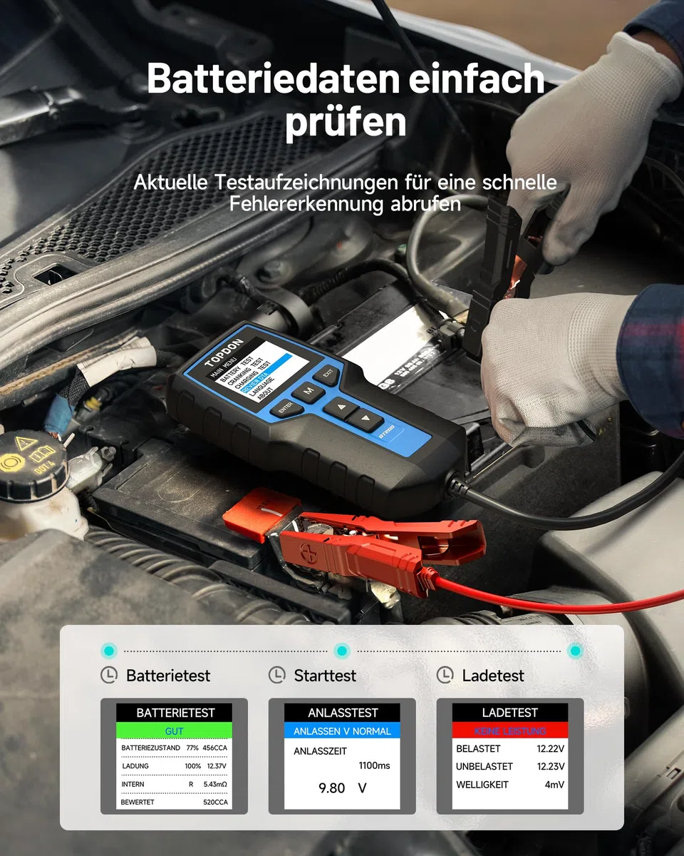 TOPDON Autobatterie Tester BT200, 12V 24V batterietester kfz 100-2000 CCA, batterie tester auto Lade-Anlasser-System Autoatterie analysator für LKW Schiff SUV Boot