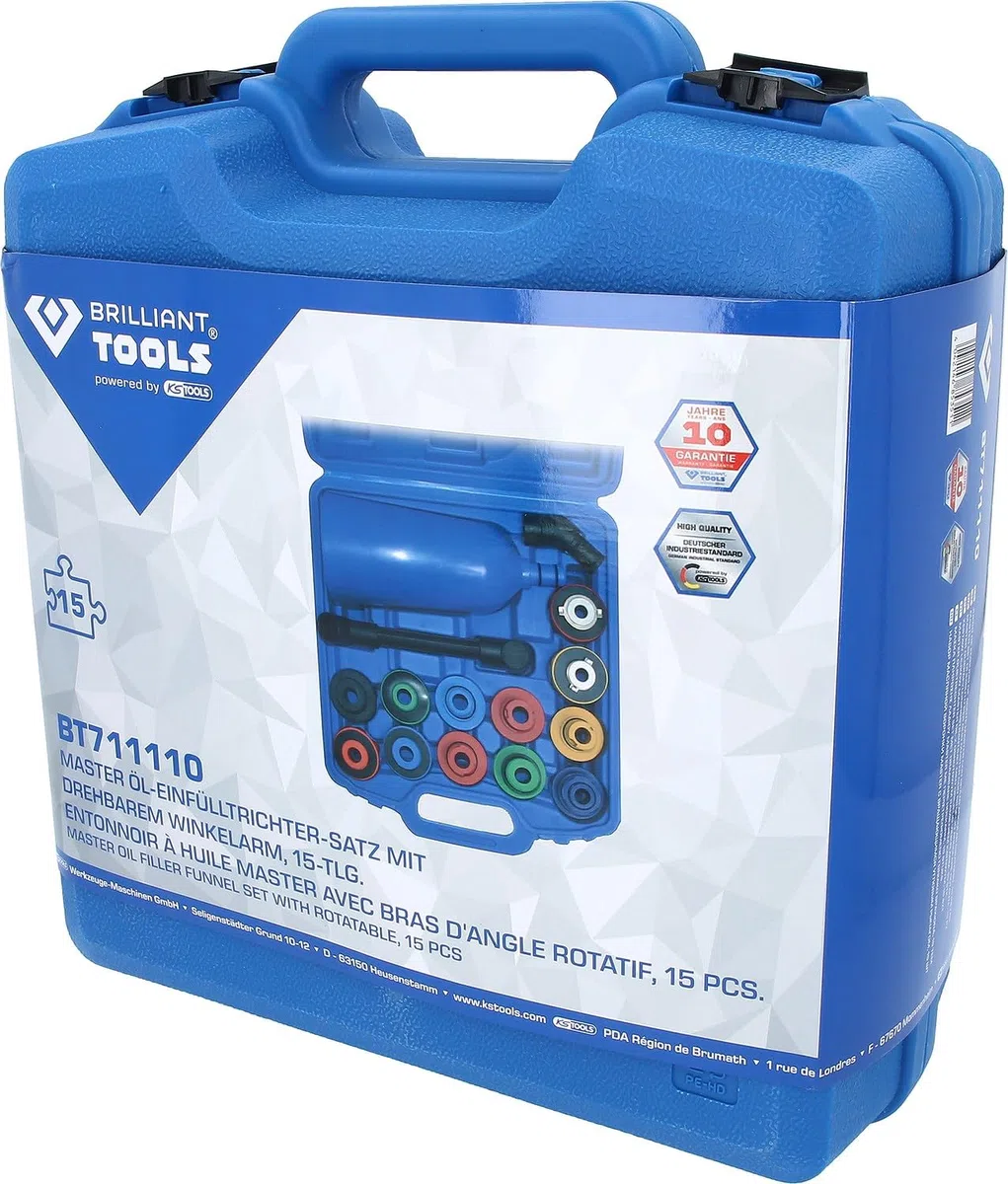 BRILLIANT TOOLS BT711110 Master Öl-Einfülltrichter-Satz mit drehbarem Winkelarm, 15-TLG. [Powered by KS Tools]