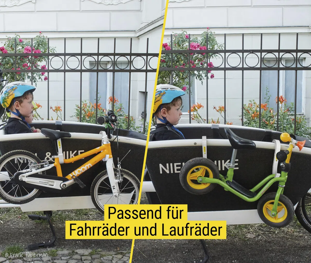 Frank Bike Holder M 2.0 – 2X Halterung für Kinderfahrrad & Laufrad am Lastenrad | kompatibel mit Urban Arrow, Cube, Riese & Müller u.v.m. | robust, leicht & sicherer Transport außen an Transportbox
