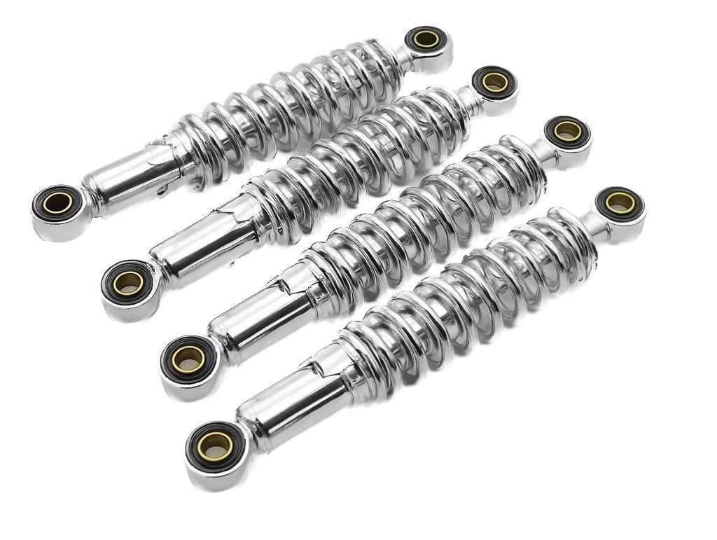 Tieferlegung Set Stoßdämpfer chrom 240mm + 260mm passend für Simson KR51 Schwalbe – Set mit 4 Stoßdämpfern, verstellbar, inkl. Reduzierhülsen
