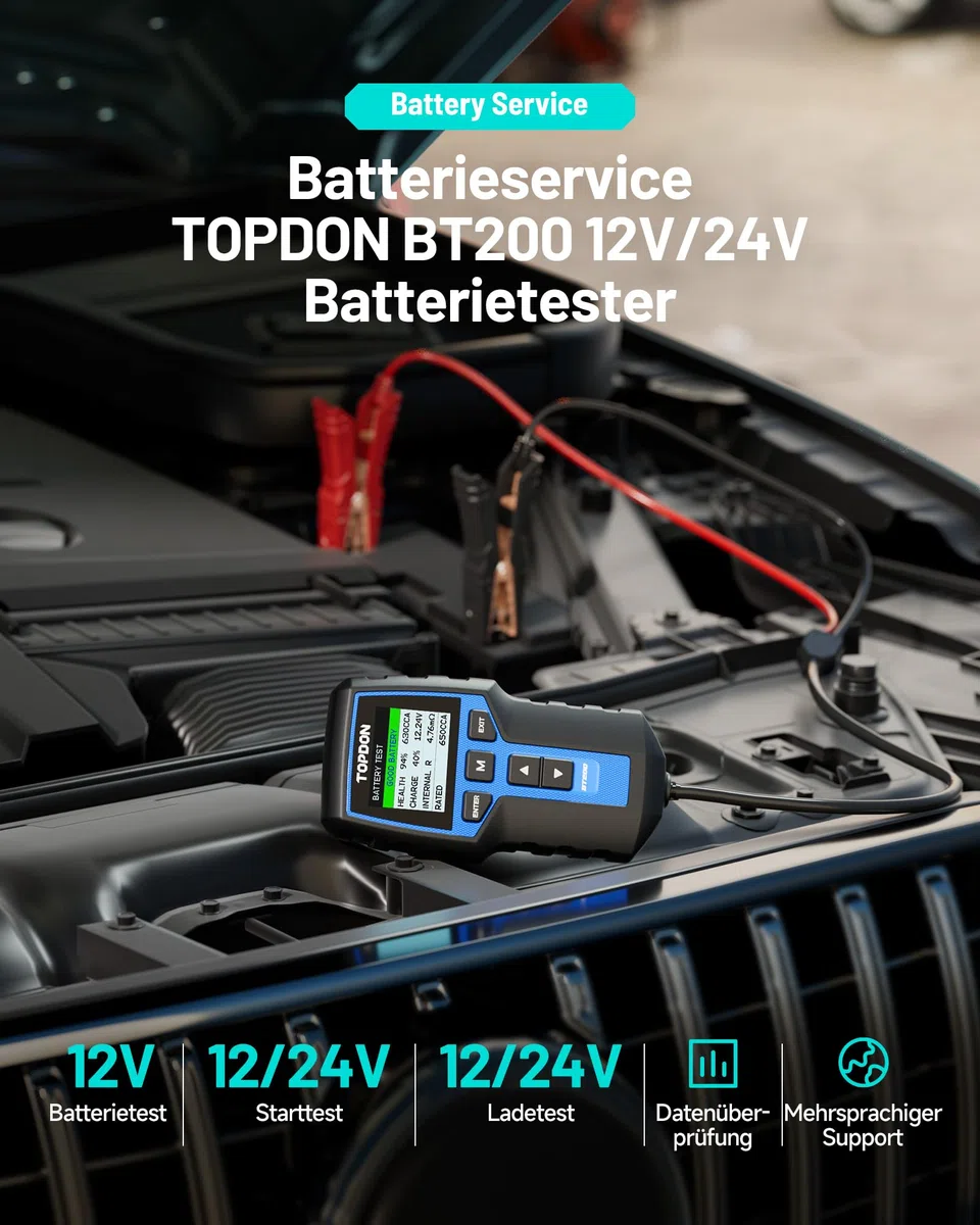 TOPDON Autobatterie Tester BT200, 12V 24V batterietester kfz 100-2000 CCA, batterie tester auto Lade-Anlasser-System Autoatterie analysator für LKW Schiff SUV Boot