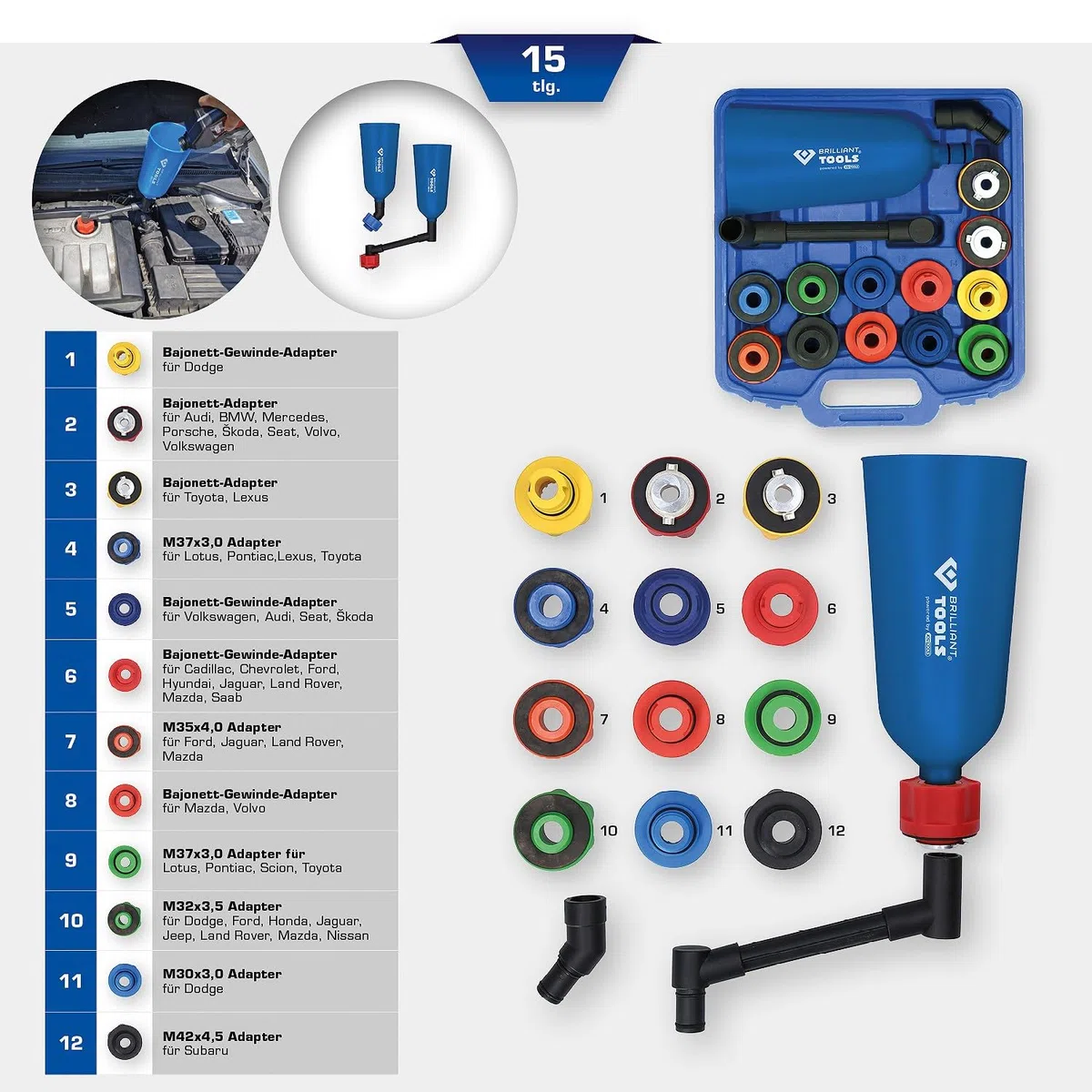 BRILLIANT TOOLS BT711110 Master Öl-Einfülltrichter-Satz mit drehbarem Winkelarm, 15-TLG. [Powered by KS Tools]