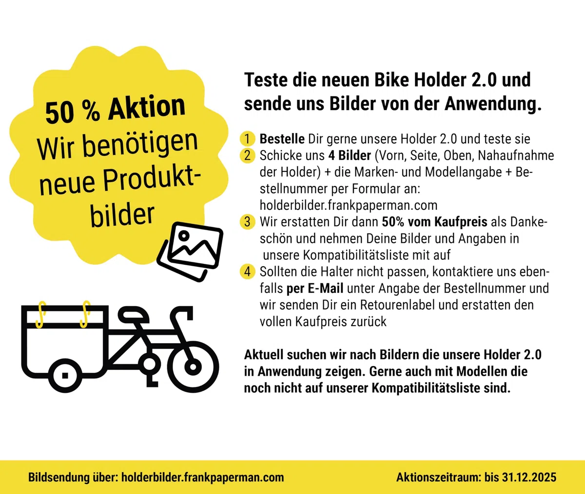 Frank Bike Holder M 2.0 – 2X Halterung für Kinderfahrrad & Laufrad am Lastenrad | kompatibel mit Urban Arrow, Cube, Riese & Müller u.v.m. | robust, leicht & sicherer Transport außen an Transportbox