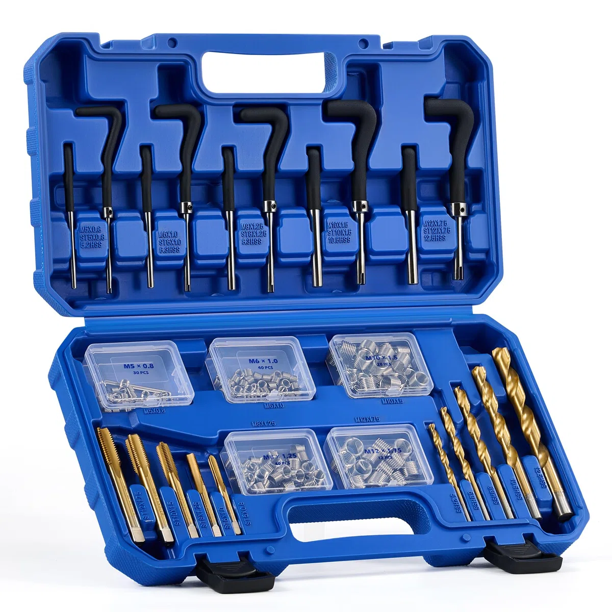 Orion Motor Tech Gewindereparatursatz 172-teilig, Gewindeeinsätze Set M5 M6 M8 M10 M12, Gewindereparatur-Set mit HSS Bohrern, Gewindebohrern und Drahtgewindeeinsätzen, Profi-Reparaturset für KFZ
