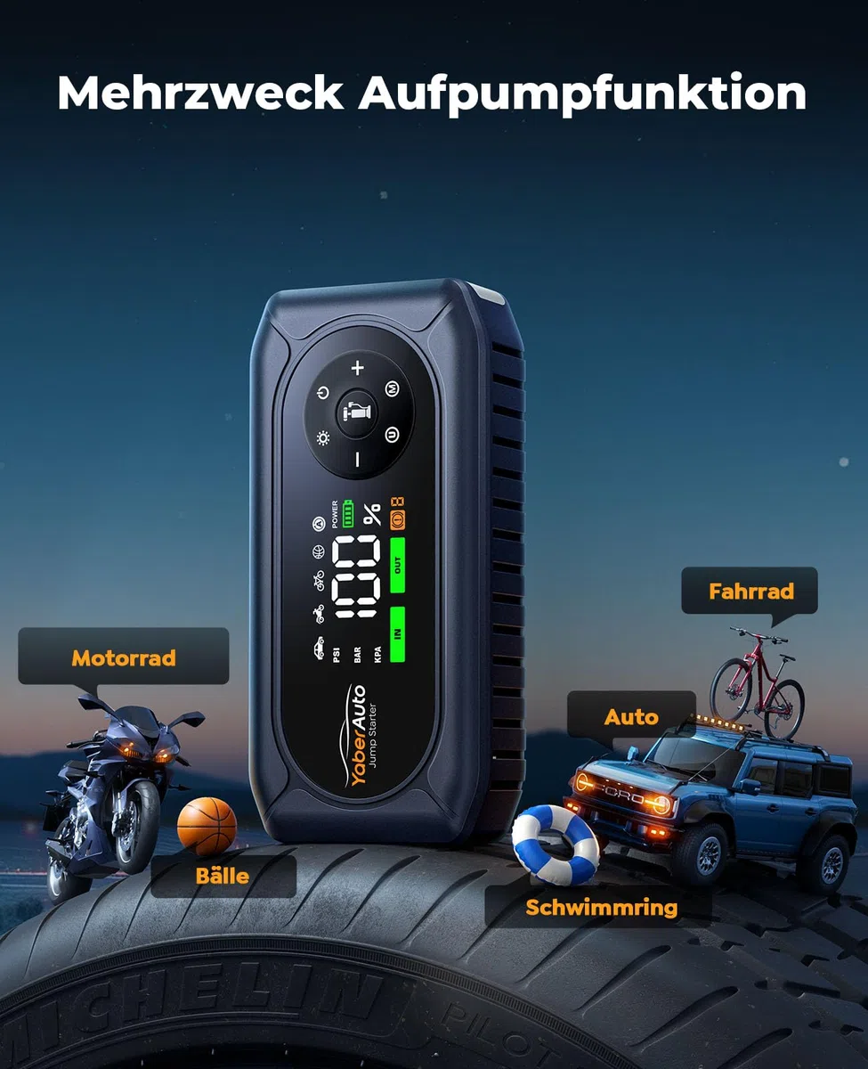 6000A Starthilfe Powerbank für Pkw mit Kompressor 150PSI, Auto Starthilfe Powerbank für Alle Benzin und 10.0L Diesel, Starthilfe mit 500 Lumen 4 Modi LED Licht und 3.3'' LCD Display, YaberAuto AP02
