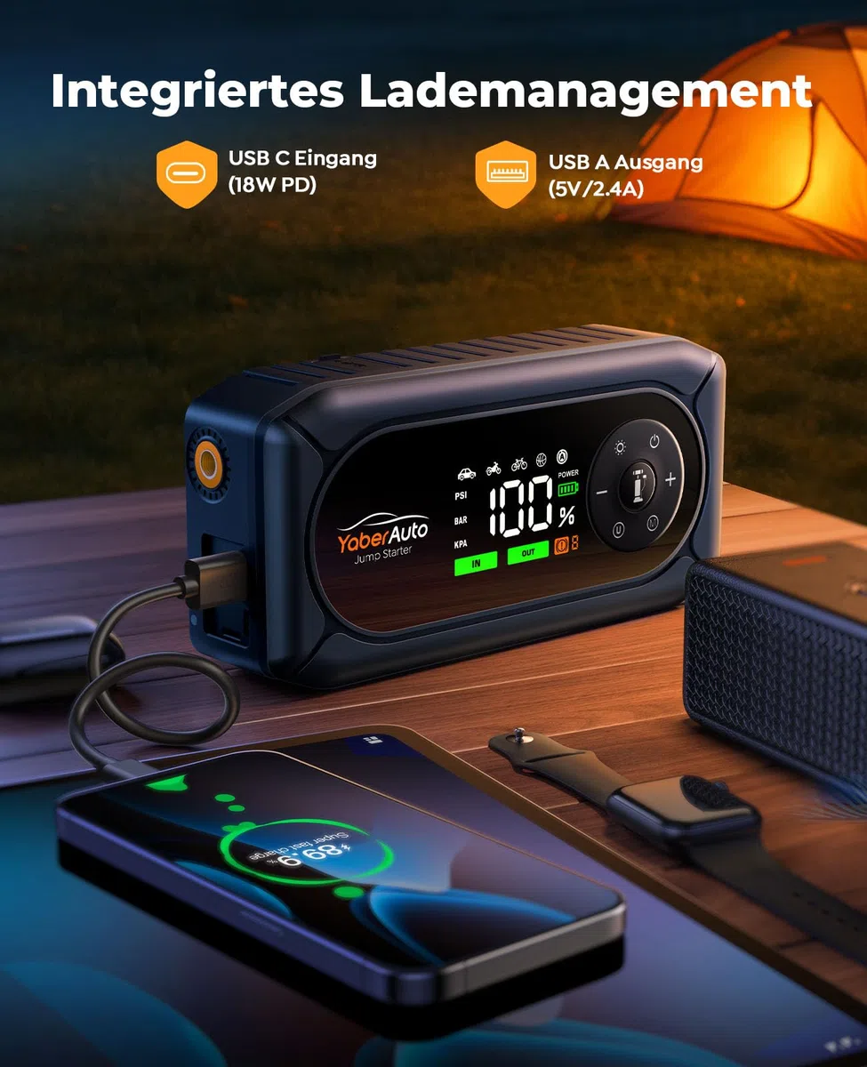 6000A Starthilfe Powerbank für Pkw mit Kompressor 150PSI, Auto Starthilfe Powerbank für Alle Benzin und 10.0L Diesel, Starthilfe mit 500 Lumen 4 Modi LED Licht und 3.3'' LCD Display, YaberAuto AP02