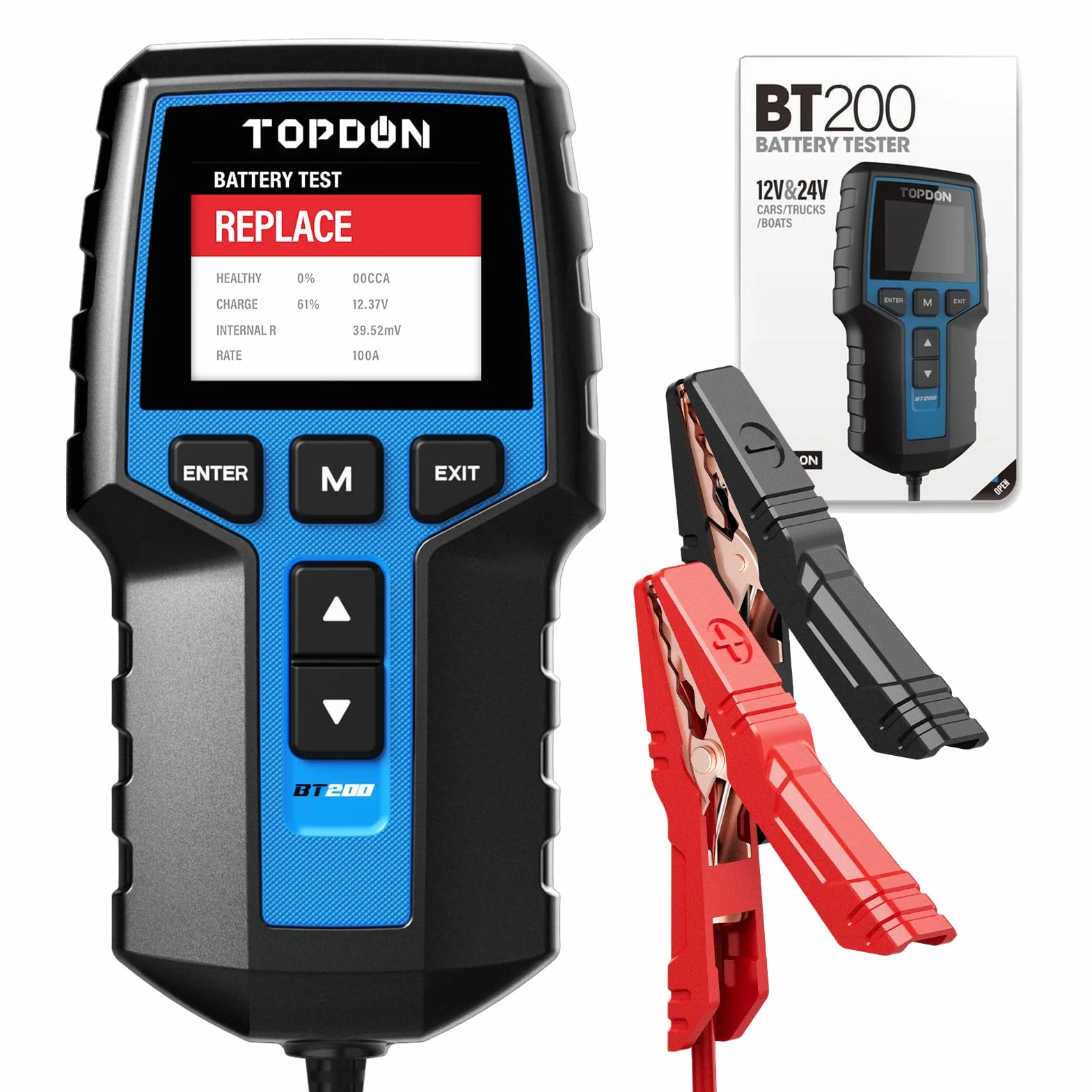 TOPDON Autobatterie Tester BT200, 12V 24V batterietester kfz 100-2000 CCA, batterie tester auto Lade-Anlasser-System Autoatterie analysator für LKW Schiff SUV Boot