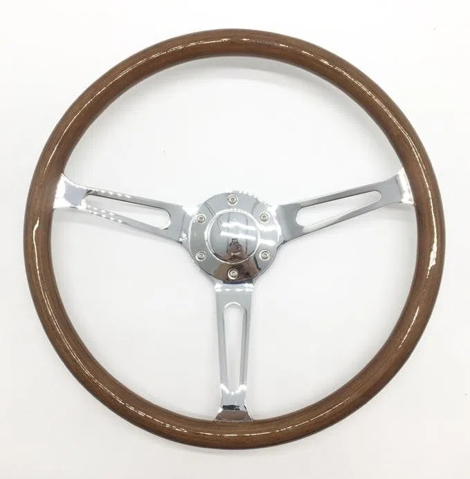 Klassisches Holzlenkrad, 15 Zoll (380 mm), universell einsetzbar für Oldtimer, inklusive Hupenknopf, 3 Speichen, 6 Schrauben, geeignet für Rallye-, Motorsport-, Fahrsimulations- und JDM-Fahrzeuge.