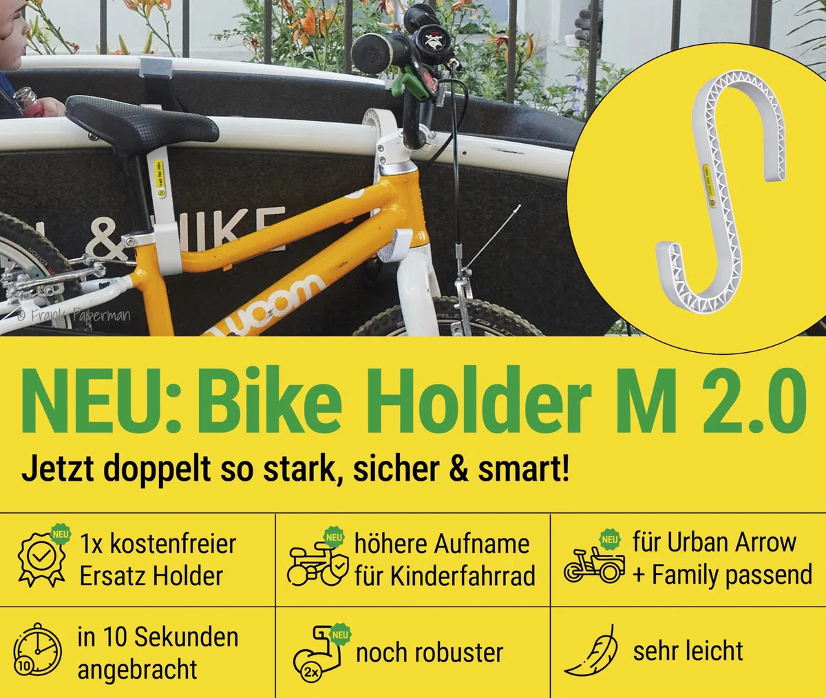 Frank Bike Holder M 2.0 – 2X Halterung für Kinderfahrrad & Laufrad am Lastenrad | kompatibel mit Urban Arrow, Cube, Riese & Müller u.v.m. | robust, leicht & sicherer Transport außen an Transportbox