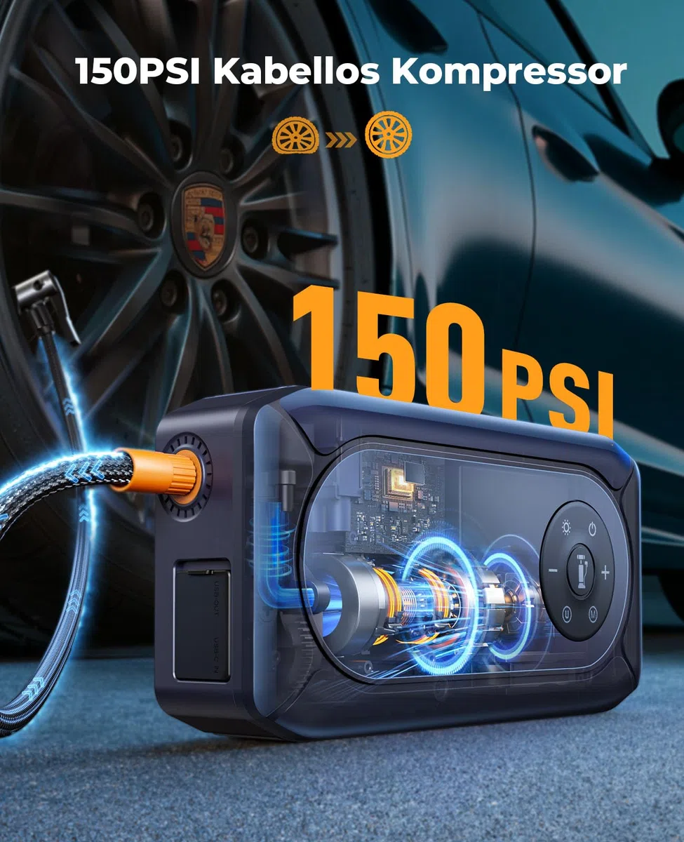 6000A Starthilfe Powerbank für Pkw mit Kompressor 150PSI, Auto Starthilfe Powerbank für Alle Benzin und 10.0L Diesel, Starthilfe mit 500 Lumen 4 Modi LED Licht und 3.3'' LCD Display, YaberAuto AP02